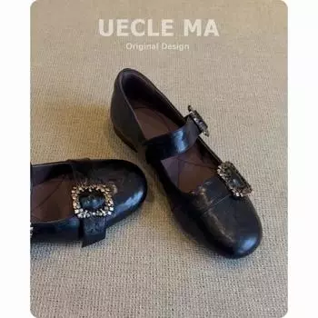 Leather single shoes women s flat commuter ballet shoes gentle evening shoes with skirt one-word buckle Mary Jane shoes 35