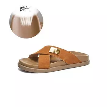 Leather slippers women s 2025 summer new retro fashion outer wear sandals casual versatile half-drag women s flat women s shoes 35