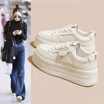 Leather small thick-soled muffin heightening board shoes women s shoes 2025 spring and summer new little white shoes casual sports shoes 35