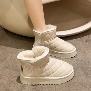 Leather snow boots cold-proof women s winter 2024 new Internet celebrity short tube thickened warm waterproof non-slip cotton shoes 35 бежевый