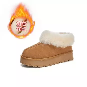 Leather snow boots women s 2025 winter new thick-soled velvet warm real hair short boots casual fashion bread women s boots 35