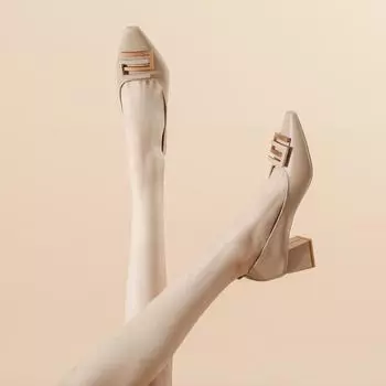 Leather soft leather high heels women s shoes thick heel square head single shoes women 34 чёрный