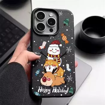 Leather Soft Tpu Christmas Snowman Cat Pattern Phone Case for iPhone 16 Pro 15 14 13 12 Pro Max 11 Solid Color Matte Shockproof Slim Cover Coque iPhone 16 серый