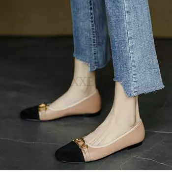 Leather Square Head Flat Bottom Women s Shoes Autumn Color Matching Soft Sole Metal Chain Casual Women s Shoes 35 абрикосовый