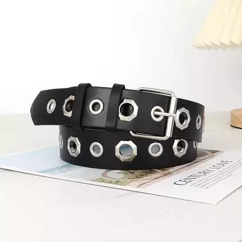 Leather Style Punk Belt With Three Row Hollow Square Buckle Bullet Head Design 1907