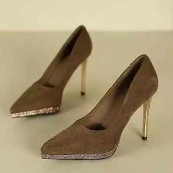 Кожа Замша Супер Высокие Каблуки Весна Новые Острый Носок Неглубокий Вырез Тонкие с Водонепроницаемой Платформой Темперамент Одинарные Туфли 35