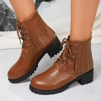 Leather Talssels Women Ankle Boots Lace Up Designer Retro Mid Heel Shoes Winter Trend Chunky Classic New Botas De Mujer 36