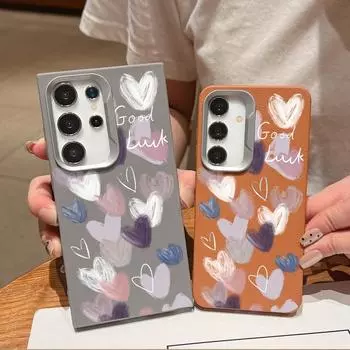 Leather Texture Purple Love Hearts Pattern Case for Samsung S24 S22 Ultra Plus S23 S21 S20 Fe A55 A54 A53 A35 A15 A16 Square Tpu Soft Slim Cover Samsung S24 чёрный