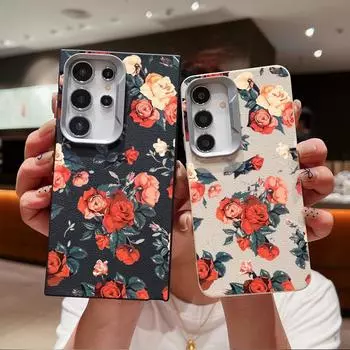 Leather Texture Soft Tpu Phone Case for Samsung S24 Fe S23 Ultra S22 S21 S20 A55 A53 A35 A15 A16 A06 A05s Rose Flowerr Pattern Shockproof Slim Cover Samsung S24 чёрный