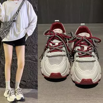 Leather thick-soled heightened rhinestone dad shoes women s 2025 spring new mesh breathable and lightweight casual sports shoes 35