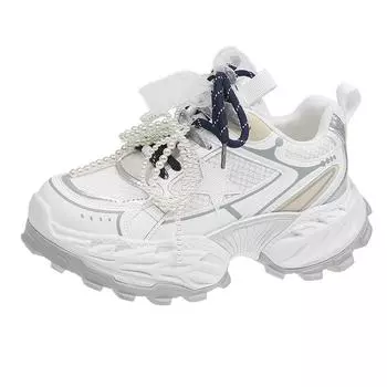 Leather thick-soled heightening dad shoes women s spring new versatile mesh breathable and lightweight casual sports shoes 35