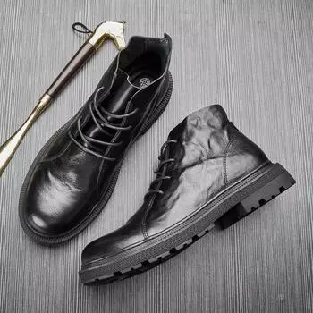 Кожаные ботинки Martin на толстой подошве со шнуровкой, мужские круглые мягкие кожаные ботинки в британском стиле с высоким берцем, мужские ботинки 38 чёрный