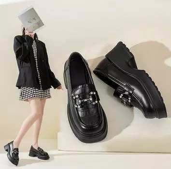 Кожаные мокасины на толстой подошве, женские весенние новые туфли, черные кожаные туфли, одинарные туфли в британском стиле 35 чёрный