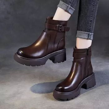 Leather thick-soled Martin boots for women, velvet to keep warm in autumn and winter, Korean version of retro versatile small man, light and heighteni 35