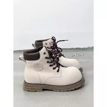 Leather thick-soled Martin boots women s new retro versatile and thin short rhubarb boots fashionable short boots 35 бежевый