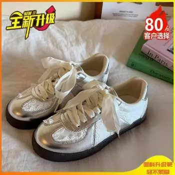 Leather thin-soled shoes streamer 2025 spring new sports shoes women s shoes non-slip casual board shoes silver retro German training shoes 35