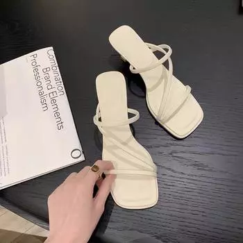Leather thin strap high heels square head thin cool slippers women s temperament sandals 35