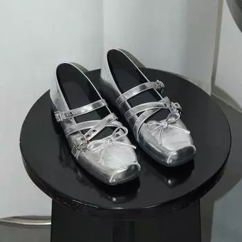 Leather version~ Retro bow silver ballet shoes women s head Mary Jane shoes flat bottom light mouth single shoes 35