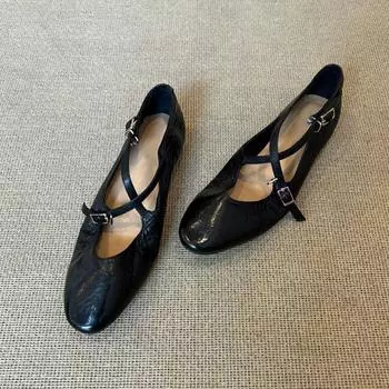 Leather version~ retro cross-buckle ballet shoes low-heeled temperament Mary Jane shoes shallow mouth round head single shoes women 35