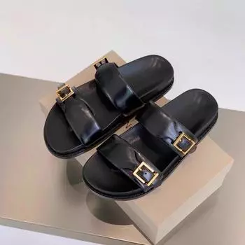 Leather version~ Slippers women s summer wear one-word platform sandals versatile casual beach soft-soled cool slippers 34