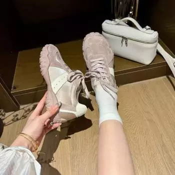 Leather version~ Small inner height increase Women s versatile lace-up leisure sports platform dad shoes 35