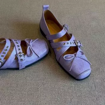 Leather version~ Square head bow sports ballet shoes cross buckle belt shallow mouth retro Mary Jane shoes women s single shoes 35