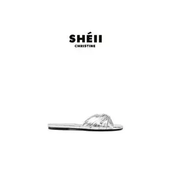 Leather version~ square-headed lambskin pleated flat-bottomed slippers women s cool slippers outer wear summer 34