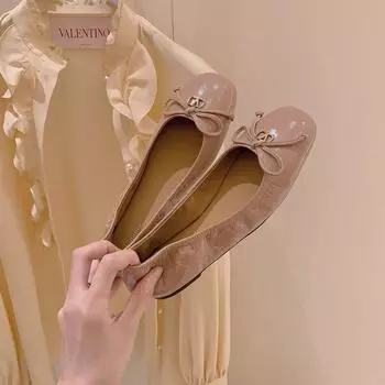 Leather version super soft sheepskin square round head shallow mouth versatile commuter bow single shoes women s flat shoes 35