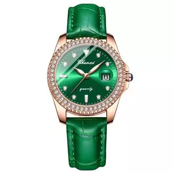 Leather Watch Antique Luminous Analog Calendar 3ATM Waterproof Leather Belt Rhinestone Ladies Watch Green Business Casual Birthday Anniversary