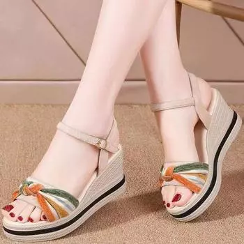 Leather wedge sandals women s 2025 summer new versatile buckle with high heel thick sole heightening casual wear cool slippers 35