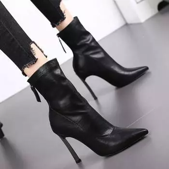 Leather White Pointed Toe Half High Boots for Women Very Heel Mid Calf Shoes Woman New Rock Gothic Sale Large Size Warm Y2k In 34