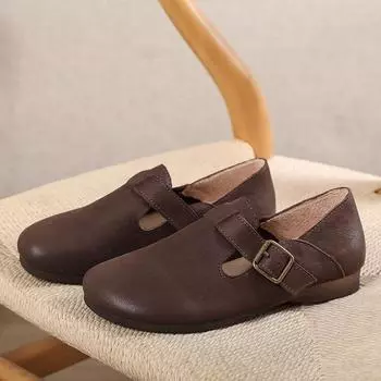 Leather Winter Flat Women s Shoes Leather Scrub Women s Shoes Mary Jane Shoes Warm Summer Pumps Loafers Retro Nostalgic Coffee 35 бежевый