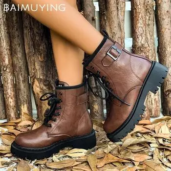 Кожаные женские ботильоны на среднем каблуке, дизайнерская обувь в стиле ретро, трендовые зимние мотоциклетные ботинки на шнуровке, готические ботинки Botas De Mujer 35