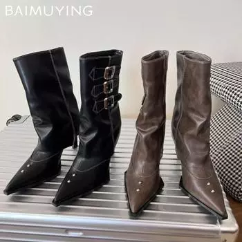 Leather Women Mid Calf Boots Pointed Toe Sexy High Heels Shoes 2025 Trend Winter Fashion New Pumps Buckle Goth Botas De Mujer 35 хаки