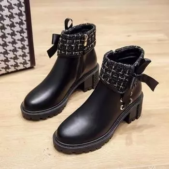 Leather Women s Ankle Boots Mid Heel New Style Boots Designer Thick Sole Winter Shoes 35 чёрный