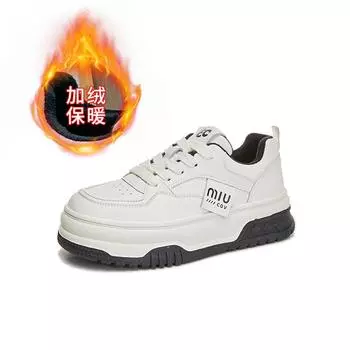 Leather women s shoes 2025 winter new thick-soled velvet white shoes women s casual versatile board shoes sports round head single shoes 35