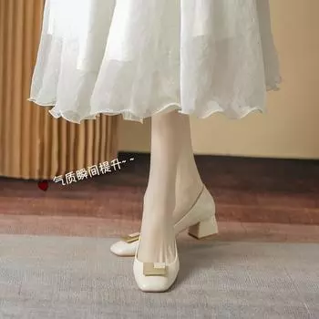 Leather women s shoes spring and autumn 2025 new temperament soft sole thick heel middle heel square head French shallow mouth single shoes high heels 34