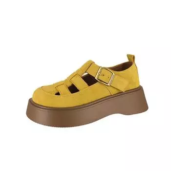 Leather woven bag head sandals women s summer new platform shoes one-word buckle beach shoes 35 жёлтый