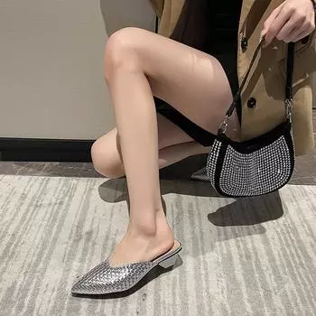 Leather woven pattern bag head half drag women 2025 summer new outer wear temperament middle heel pointed head one pedal Muller slippers 35 чёрный