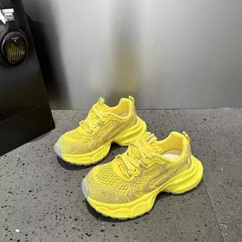 Leather yellow strap platform dad shoes women s summer new rhinestone mesh breathable sports and leisure shoes tide 35 жёлтый