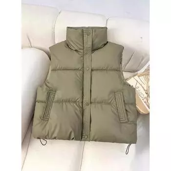 Leave-in PU leather winter stand-up collar new short Korean version thickened warm down cotton vest women wear outside L [Below 55kg] зелёный