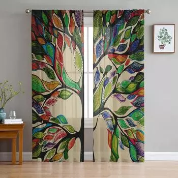 Leaves Abstract Tree Of Life Sheer Curtains for Living Room Modern Voile Curtain Bedroom Tulle Curtains Window Drapes Decor W135 x H114cm