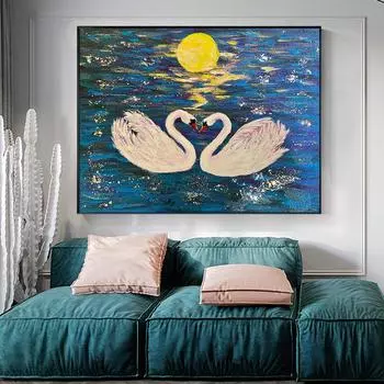 Лебеди любовь ткань живопись холст печать настенный художественный плакат с изображением солнца и озера картина для подарка гостиная домашний декор Cuadros 21x30cm No Framed