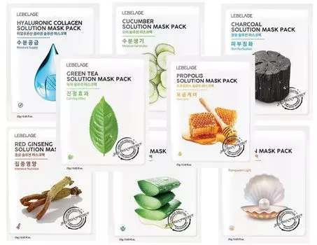 LEBELAGE Radiant Complexion 8-Pack, Total Masks Маски для лица: Алоэ Вера, активированный уголь, гиалуроновая кислота, огуречная эссенция, очищение пор