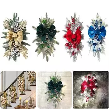 LED Artificial Garland Hanging Stair Wreath Christmas Decoration Stairway Swag Light Up LED Wreath for Front Door Wall Stair