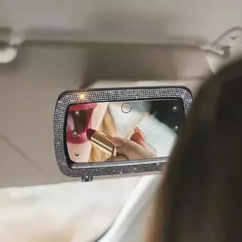 LED Car Visor Vanity Mirror Car Makeup Mirror With Rhinestones Car Cosmetic Mirror With Built-in Battery Dimmable Rear View белый