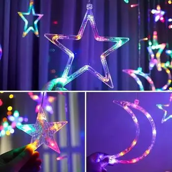 LED Curtain Light Battery Powered Star Moon Fairy String Lights Indoor Outdoor Window Lamp Home Camping Bedroom Christmas Decor теплый белый