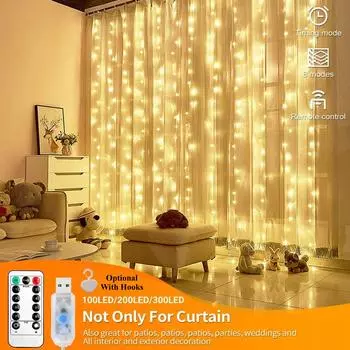 LED Curtain Lights Warm Fairy String Lights Festival USB Lighting Rainbow Window Lamp Home Bedroom Wedding Christmas Decoration 3x1 100LED&No HOOK теплый белый