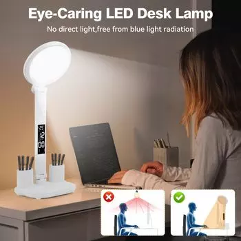 LED Desk Lamp Adjustable Foldable Table Lamp with Clock Date Fan Pen Down Temperature Stepless Dimming Desk Lights for Office