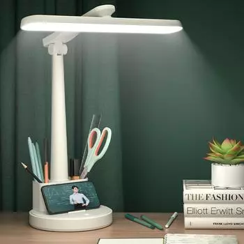 Светодиодная настольная лампа с держателем для ручек, складная вращающаяся лампа для учебы с портом для зарядки, защита глаз, регулируемая яркость, цветовая температура, подключение
